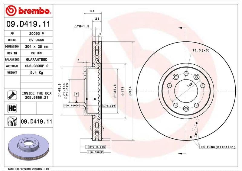 Brake disc, 1pcs FRONT, Top Quality 09.D419.11