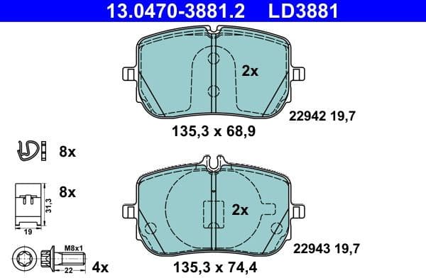 Brake Pad Set, disc brake ATE Ceramic 13.0470-3881.2