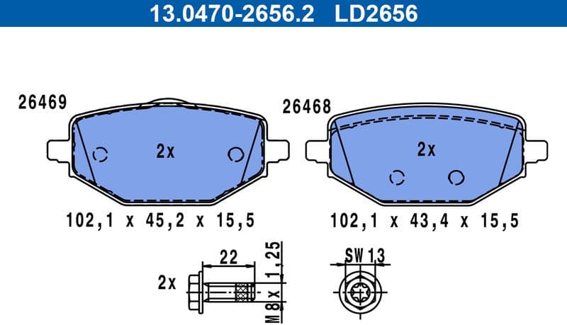 Brake Pad Set, disc brake ATE Ceramic 13.0470-2656.2