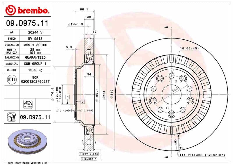 Brake Disc PRIME LINE - UV Coated 09.D975.11