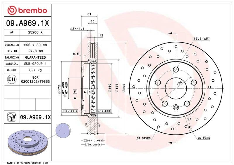 Brake Disc XTRA LINE - Xtra 09.A969.1X