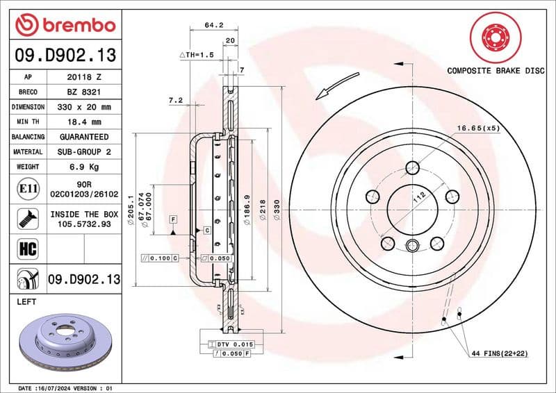 Brake disc, 1pcs REAR, Top Quality 09.D902.13