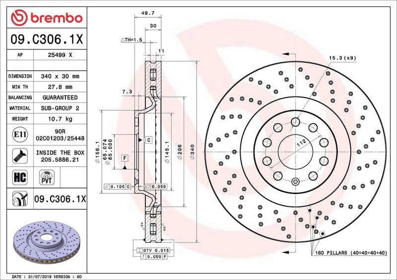 Brake disc, 1pcs FRONT, Top Quality 09.C306.1X - image 3