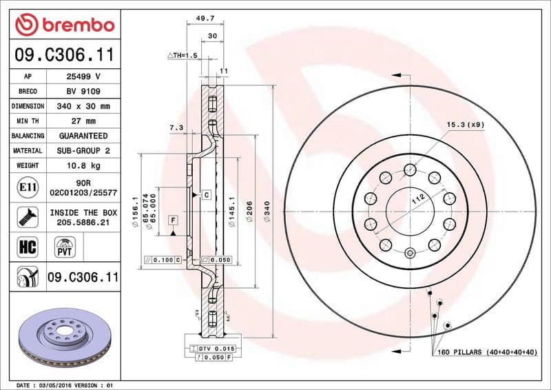 Brake disc, 1pcs FRONT, Top Quality 09.C306.11 - image 3