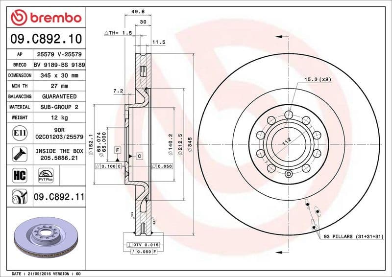 Brake Disc PRIME LINE - UV Coated 09.C892.11 - image 2