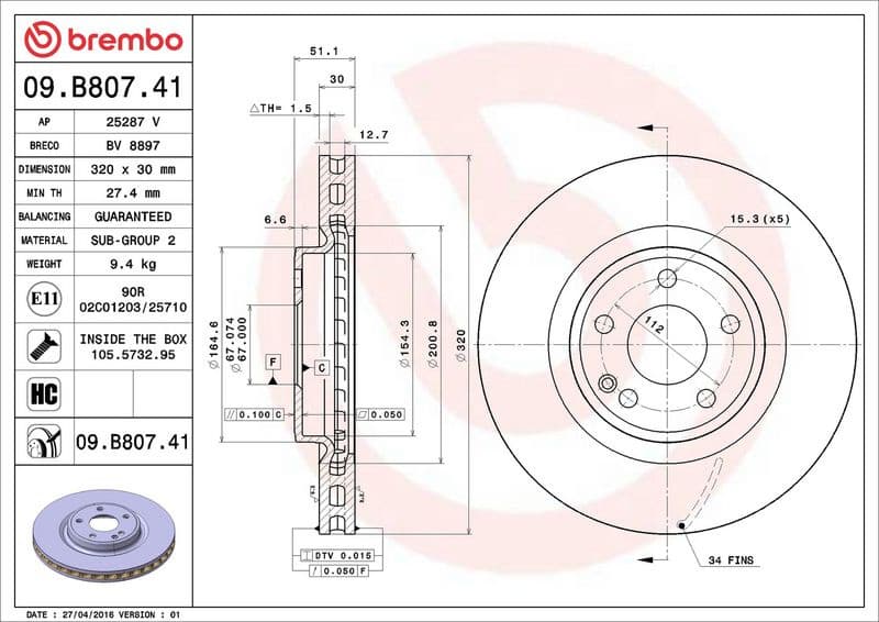 Brake disc, 1pcs FRONT, Top Quality 09.B807.41 - image 3