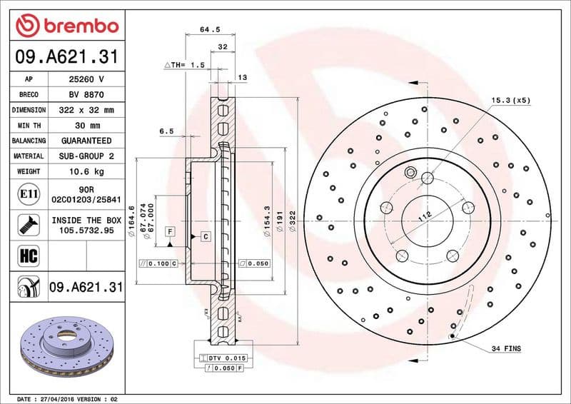 Brake disc, 1pcs FRONT, Top Quality 09.A621.31 - image 3