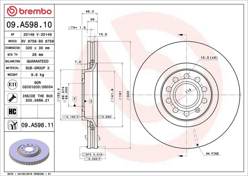 Brake discs kit front (2pcs), Top Quality 09.A598.11 - image 3