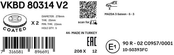 Brake Disc VKBD 80314 V2