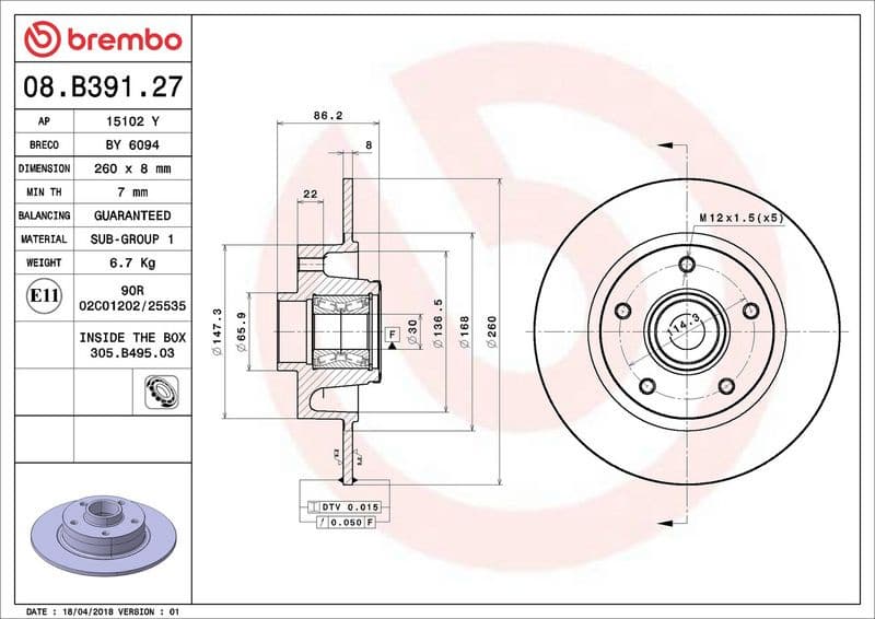 Brake Disc PRIME LINE - With Bearing Kit 08.B391.27 - image 2