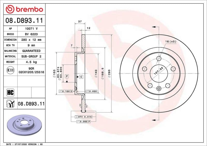 Brake Disc PRIME LINE - UV Coated 08.D893.11