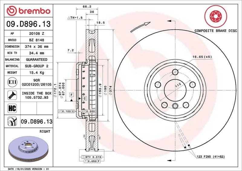 Brake disc, 1pcs FRONT, Top Quality 09.D896.13 - image 2
