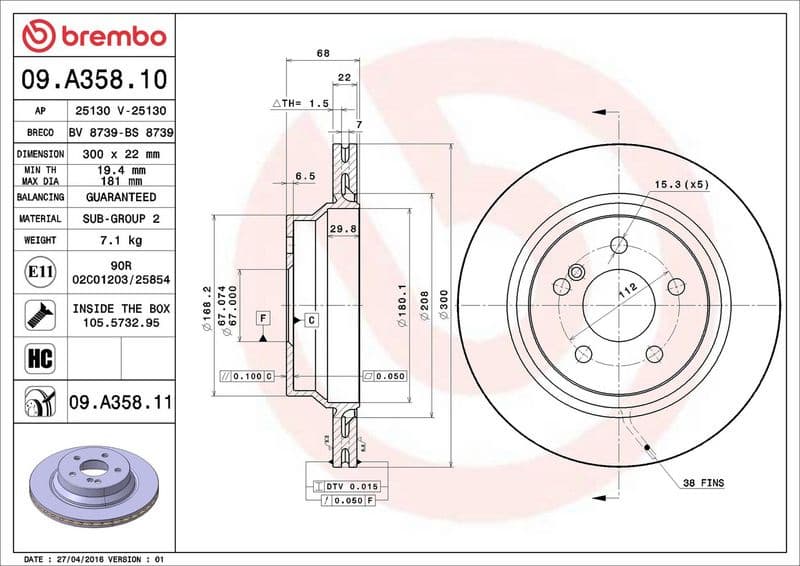 Brake discs kit rear, (2pcs), Top Quality 09.A358.11 - image 2