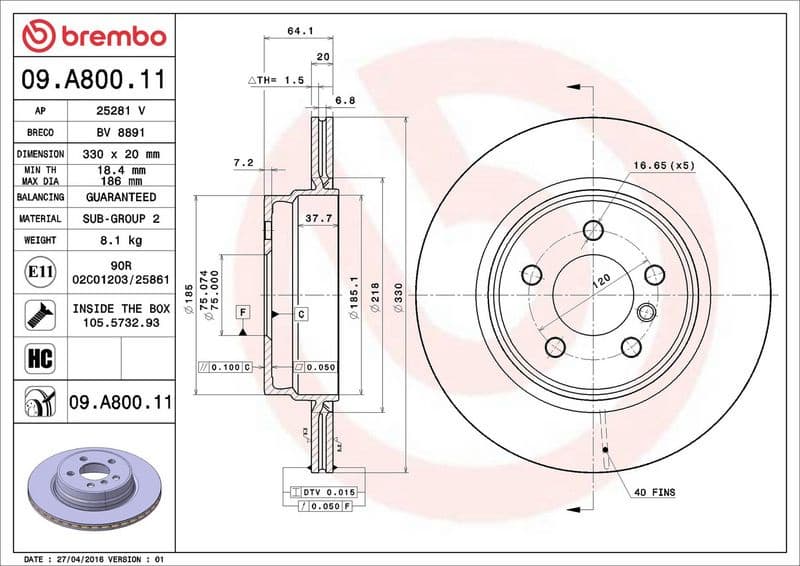 Brake Disc PRIME LINE - UV Coated 09.A800.11