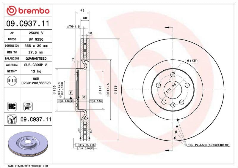 Brake disc, 1pcs FRONT, Top Quality 09.C937.11 - image 2