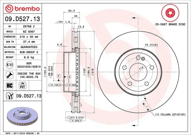 Brake Disc PRIME LINE - Co-Cast 09.D527.13 - image 2