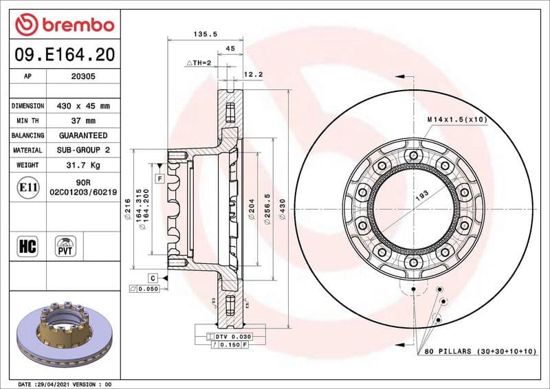 Brake Disc PRIME LINE - Co-Cast 09.E164.20