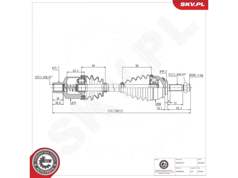Drive Shaft 40SKV250