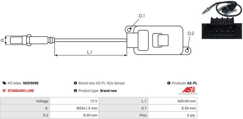 NOx Sensor, urea injection AS NOX9098 - image 2