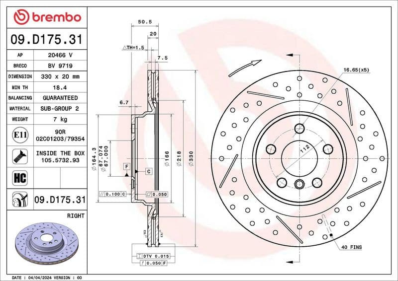 Brake Disc PRIME LINE - UV Coated 09.D175.31