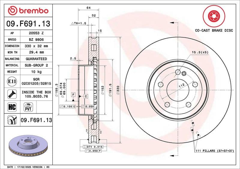 Brake Disc PRIME LINE - Co-Cast 09.F691.13