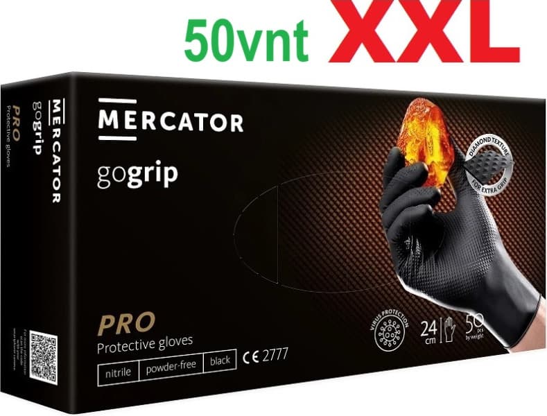 Nitrilinės vienkartinės pirštinės XXL juodos ( 50vnt.) MERCATOR GO-GRIP