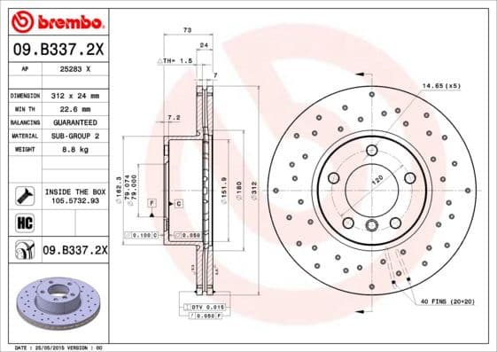 Brake disc, 1pcs FRONT, Top Quality 09.B337.2X