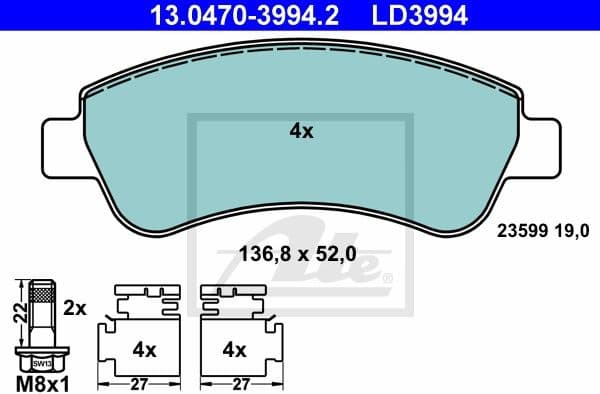 Brake Pad Set, disc brake ATE Ceramic 13.0470-3994.2