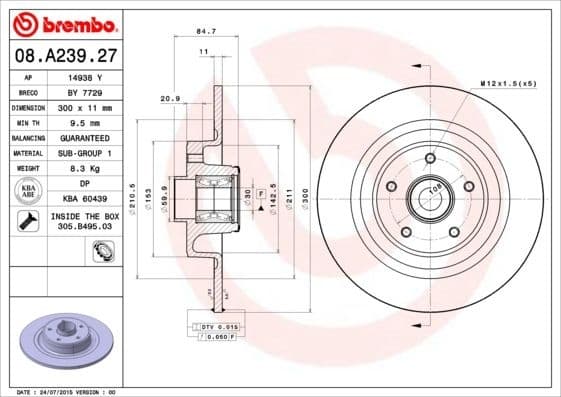 Brake Disc PRIME LINE - With Bearing Kit 08.A239.27