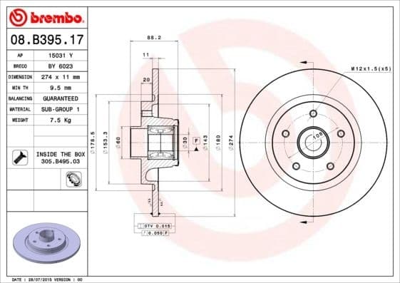 Brake Disc PRIME LINE - With Bearing Kit 08.B395.17
