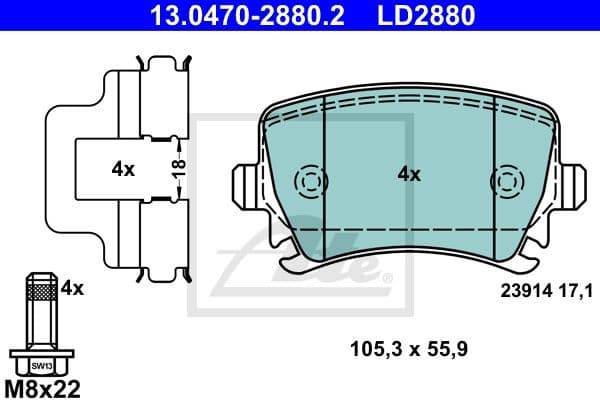 Brake Pad Set, disc brake ATE Ceramic 13.0470-2880.2