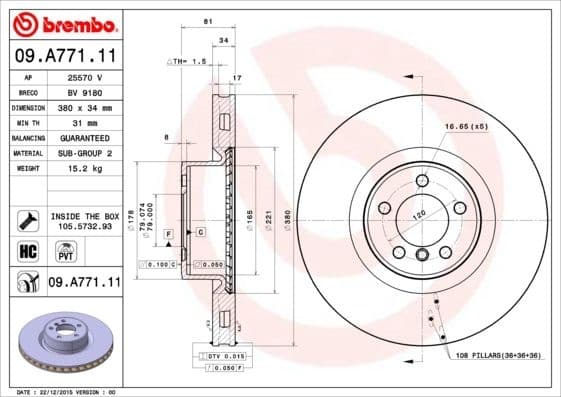 Brake disc, 1pcs FRONT, Top Quality 09.A771.11