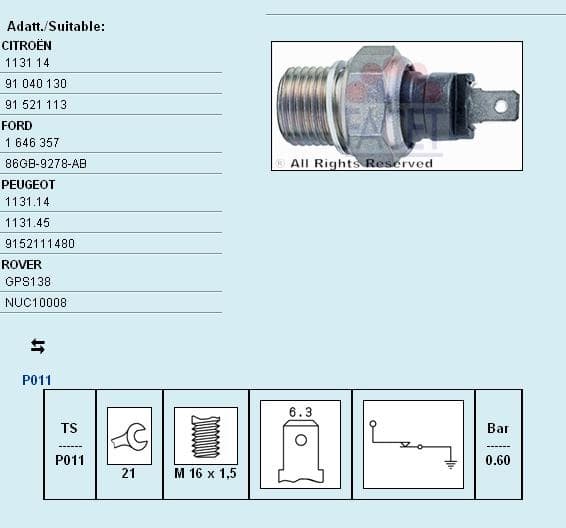 Sensor oil pressure light 7.0021