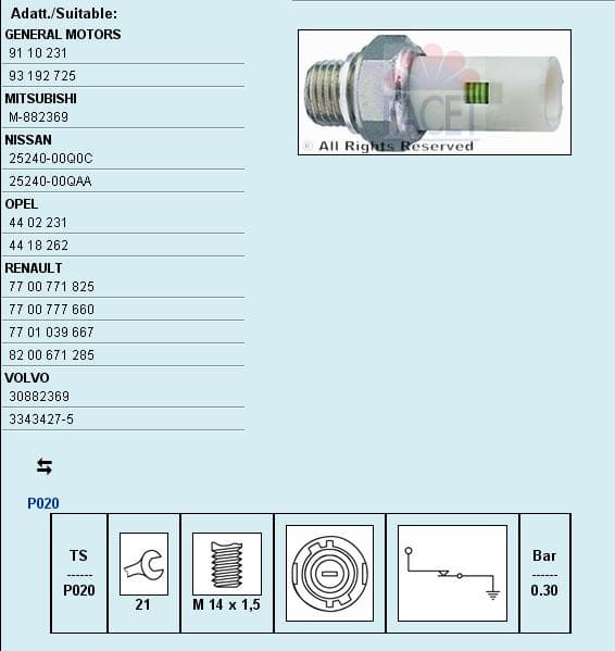 Oil Pressure Switch Made in Italy - OE Equivalent 7.0076