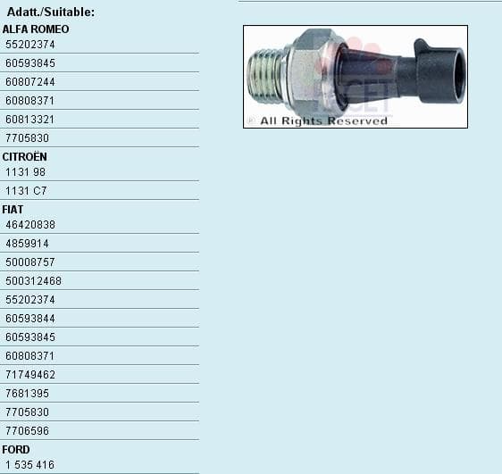 Oil Pressure Switch Made in Italy - OE Equivalent 7.0096