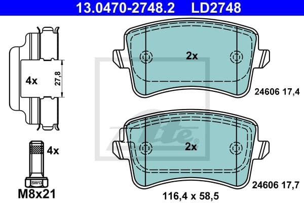 Brake Pad Set, disc brake ATE Ceramic 13.0470-2748.2
