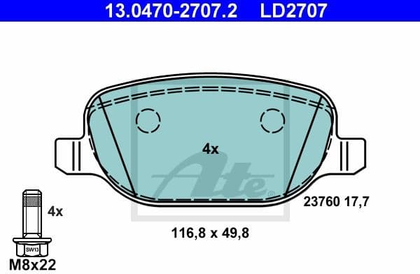 Brake Pad Set, disc brake ATE Ceramic 13.0470-2707.2