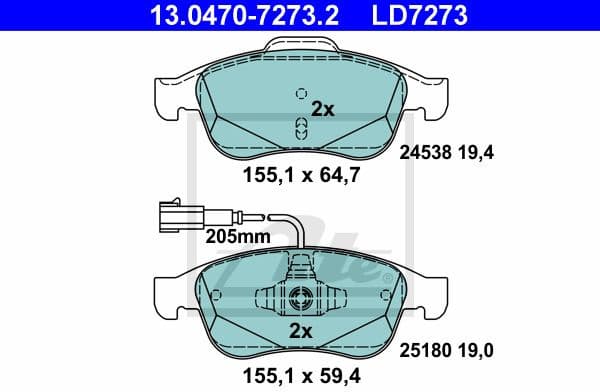 Brake Pad Set, disc brake ATE Ceramic 13.0470-7273.2
