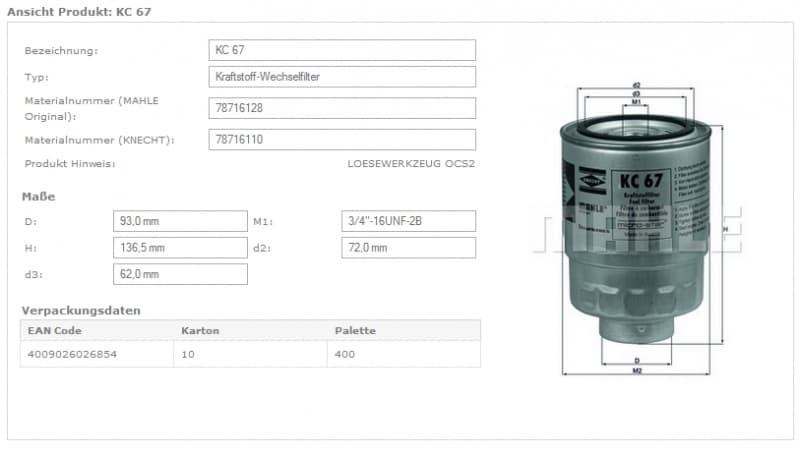 Filter diesel fuel KC67