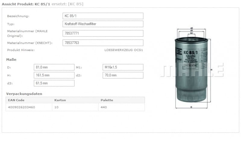 Filter diesel fuel KC85/1