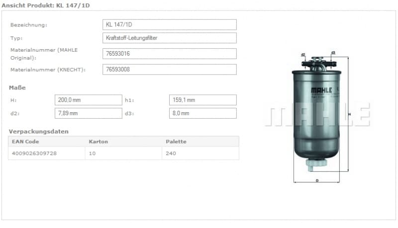Filter diesel fuel KL147/1D