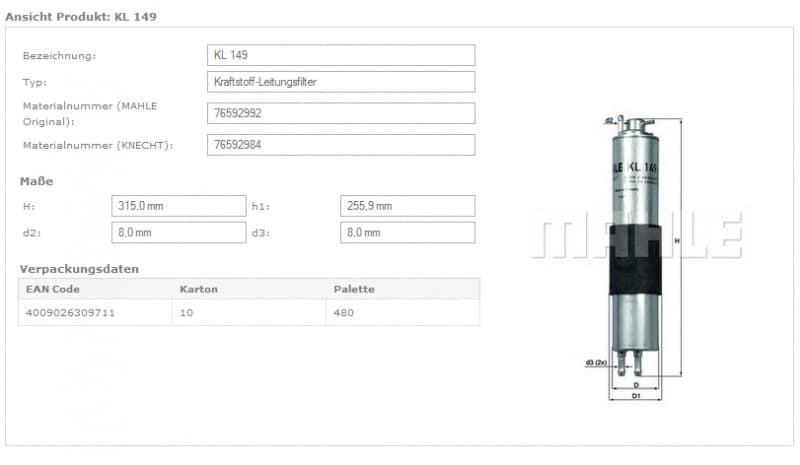 Filter diesel fuel KL149