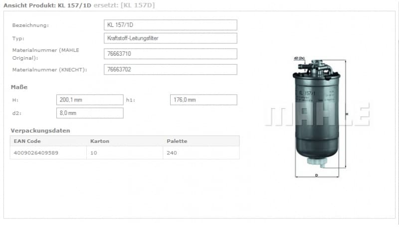 Filter diesel fuel KL157/1D