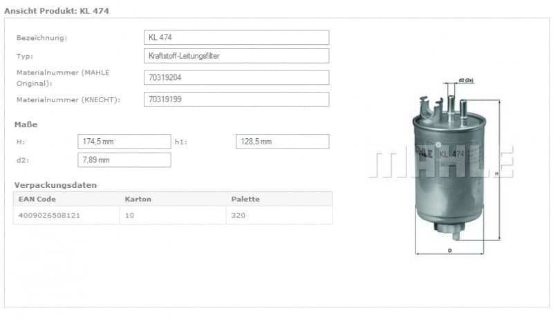 Filter diesel fuel KL474