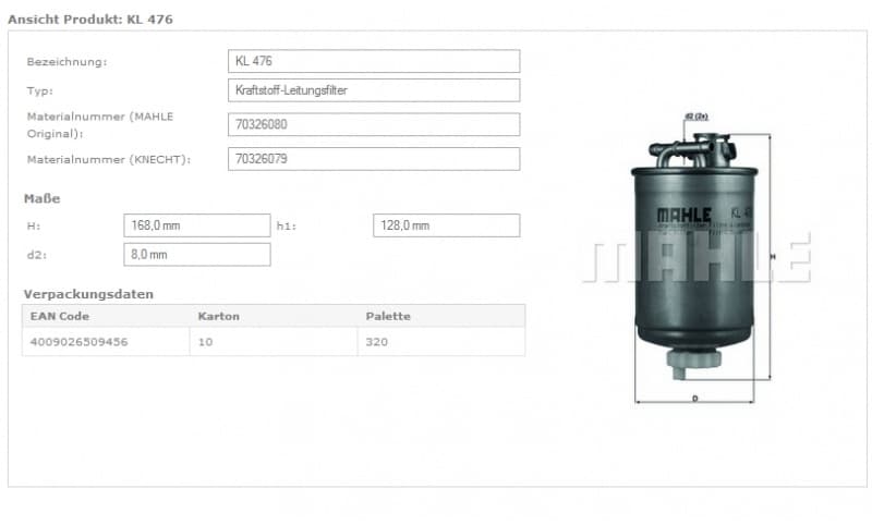 Filter diesel fuel KL476D