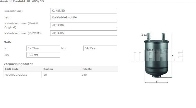 Filter diesel fuel KL485/5D