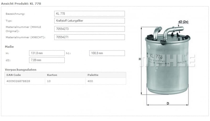 Filter diesel fuel KL778