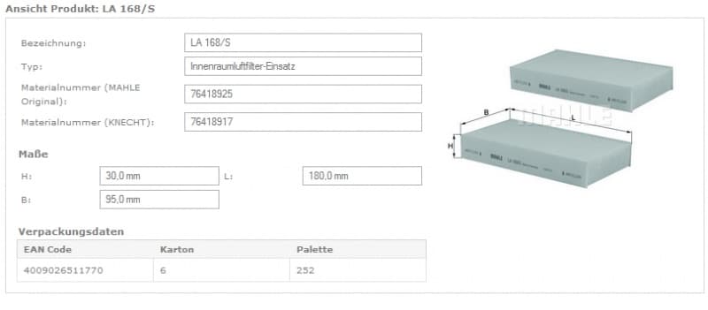 Filter, cabin air LA168/S