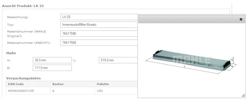 Filter, cabin air LA25