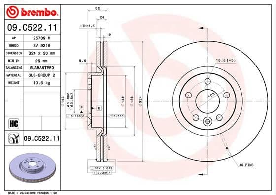 Brake disc, 1pcs FRONT, Top Quality 09.C522.11